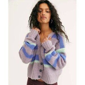 Free People Fine Time Fuzzy Striped Knit‎ Boho Cardigan Sweater Bohemian Small